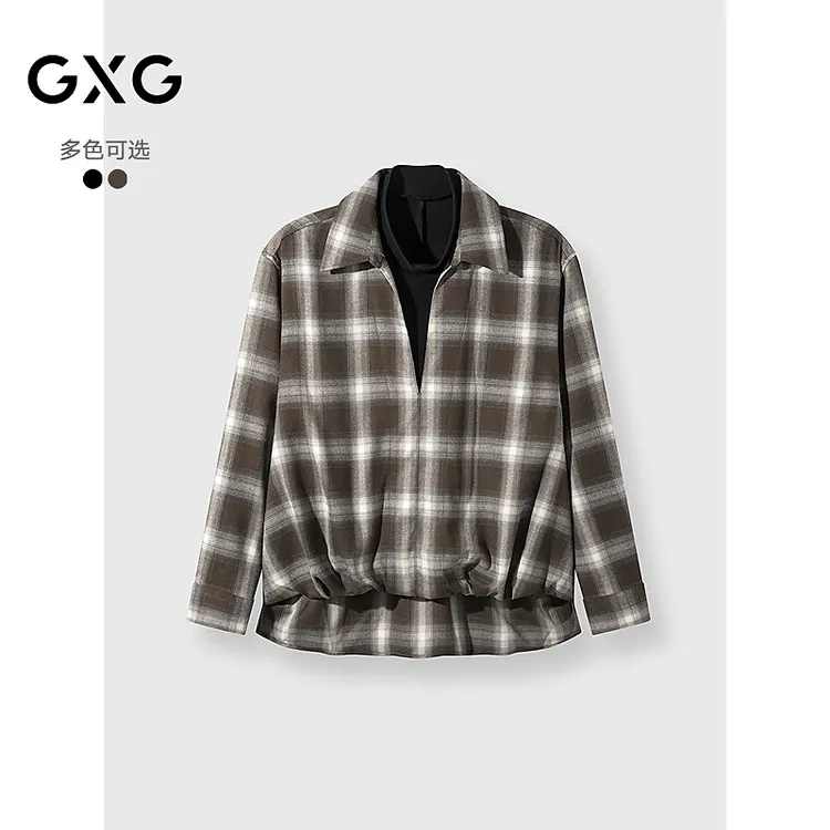GXG男装 复古格纹深V高领假两件衬衫25年秋冬新款#G25D034079