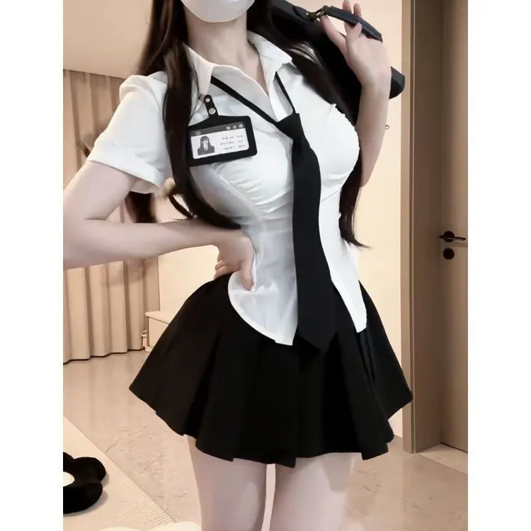 纯欲风辣妹jk套装制服女式夏季不规则收腰短袖衬衫百褶裙两件套装