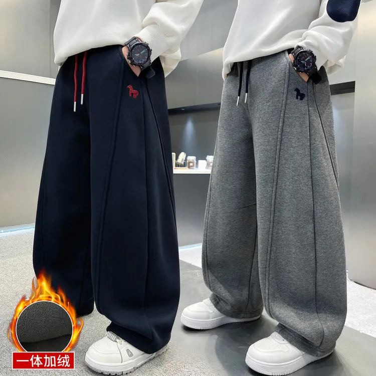 男童秋冬款卫裤加绒加厚2025新款大童冬季一体绒运动儿童直筒裤子