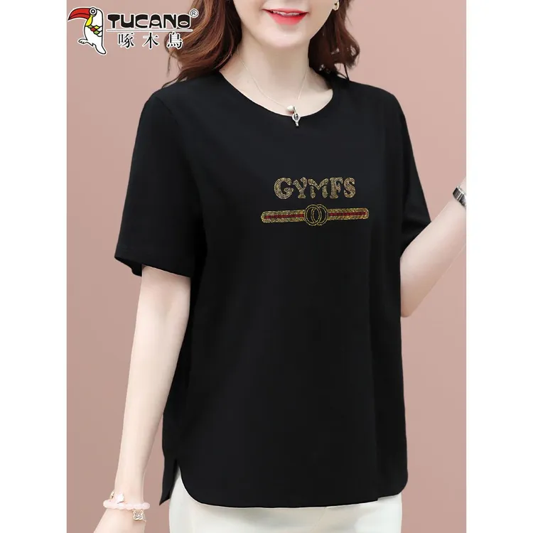 啄木鸟纯棉短袖T恤女夏季2025新款中年妈妈宽松大码薄款遮肉上衣t