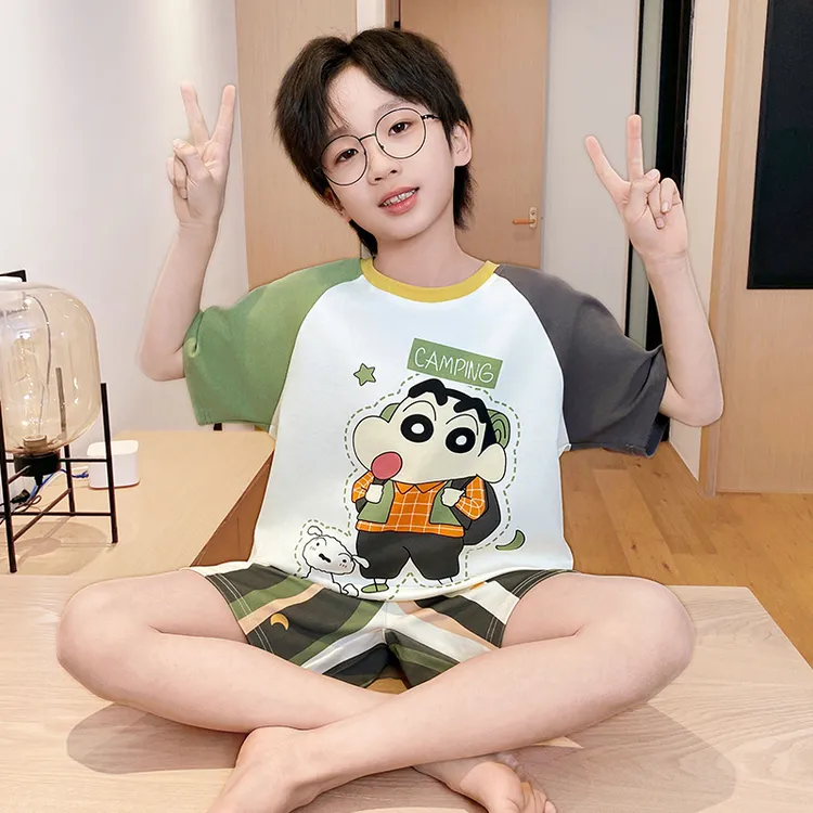 夏季男童睡衣纯棉薄款短袖儿童睡衣男孩夏天中大童宝宝家居服套装