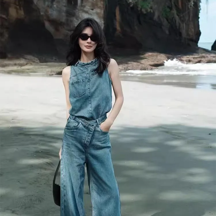 夏季新款小众独特漂亮高级感轻奢洋气牛仔无袖上衣阔腿裤两件套女