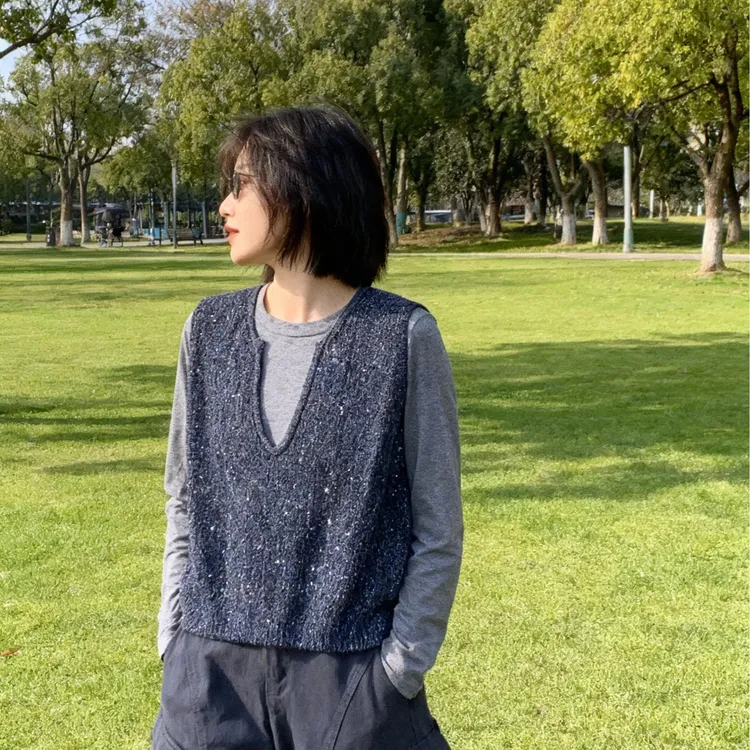 时尚两件套休闲轻熟风无袖宽松拼接马夹复古V领显瘦套头秋季上衣