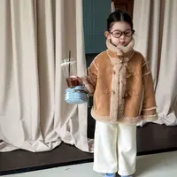 2025冬季新款童装韩版女童立领麂皮复合羊羔毛外套加绒阔腿裤套装