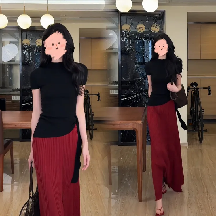 春夏穿搭一整套时尚小众短袖上衣中长款半身裙御姐气质女神范套装