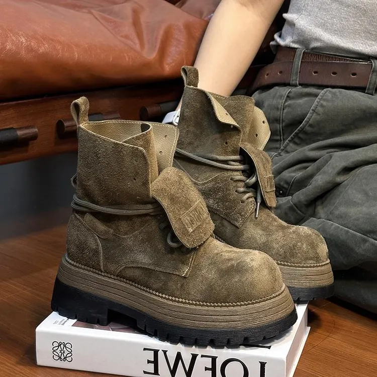 牛皮真皮覆古圆头厚底马丁靴女2025新款小个子增高机车短靴工装靴