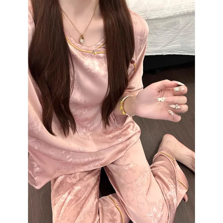 新中式复古国风提花冰丝绸缎睡衣女夏新款粉色大码长裤套装家居服
