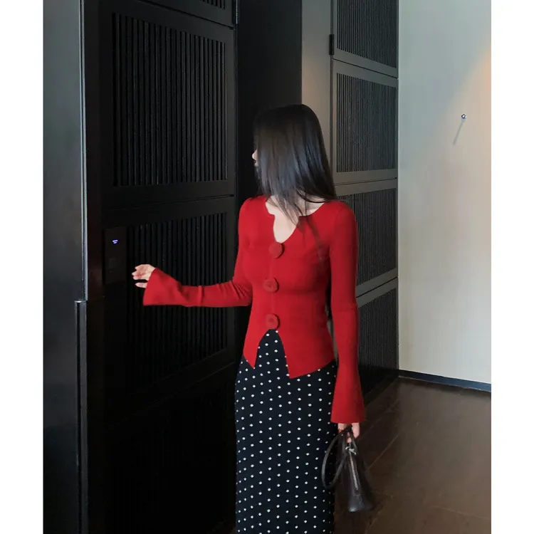 徐琳「玫瑰故事」红色花朵长袖针织衫波点半裙套装女 x240547