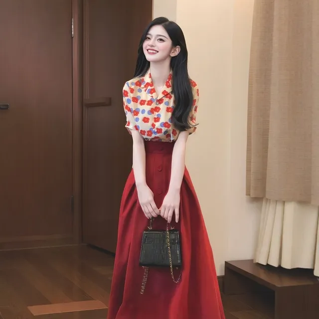 夏装搭配一整套大码胖mm红色碎花衬衫高腰半身裙复古高级漂亮套装