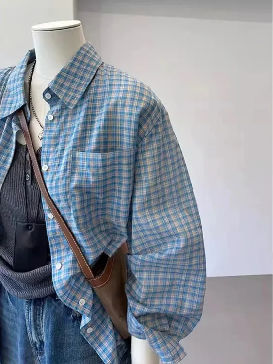 【反季清货】七言家巨好看！蓝格白扣可防晒长袖衬衫6@