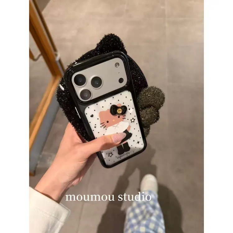 日韩可爱波点黑裙KT猫适用苹果17Promax手机壳16亚克力15创意14女