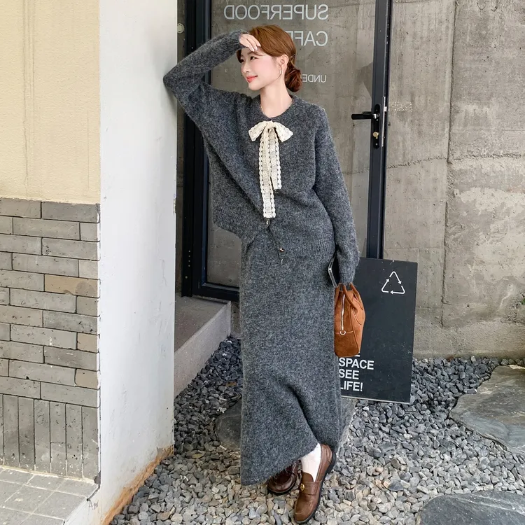 韩系慵懒风套装裙女2025早秋新款蕾丝系带针织开衫半身裙两件套