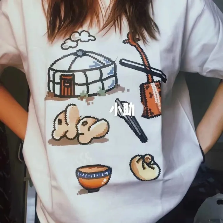 2025情侣装蒙古元素休闲纯棉宽松短袖民族风夏季印花可爱恤潮