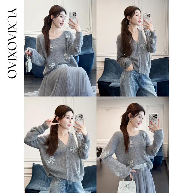 余潇潇【月半威尼斯】马海毛绵羊毛混纺蝴蝶结钻饰V领开衫&圆领毛衣