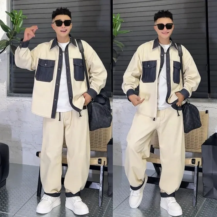秋冬男士潮牌时尚拼接撞色设计休闲牛仔套装翻领衬衣弯刀裤两件套