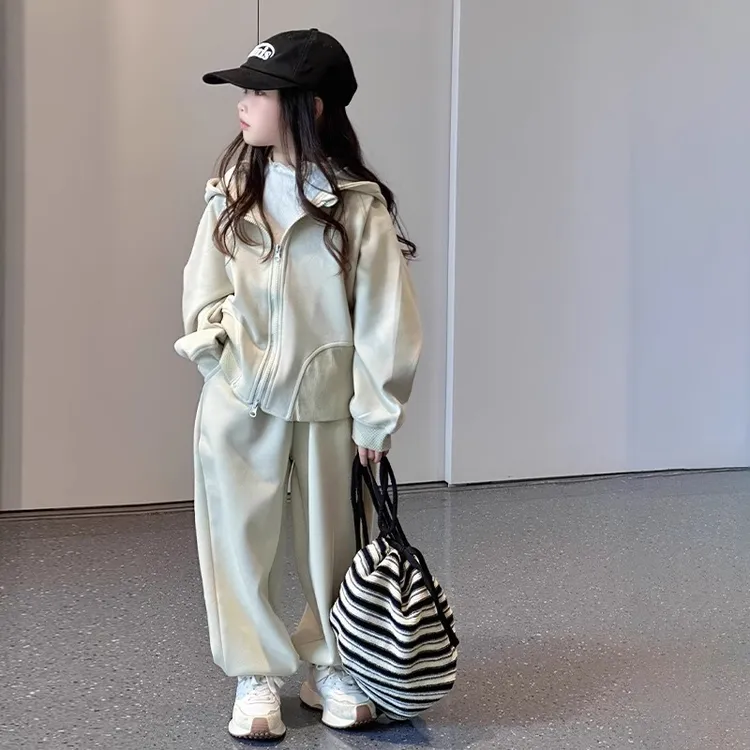 女童春秋款运动套装2025新款儿童女孩洋气时髦连帽开衫卫衣两件套