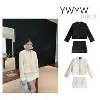 【YWYW25F/W】冬季气质保暖夹绒亮片小香风外套+高腰短裙套装6065