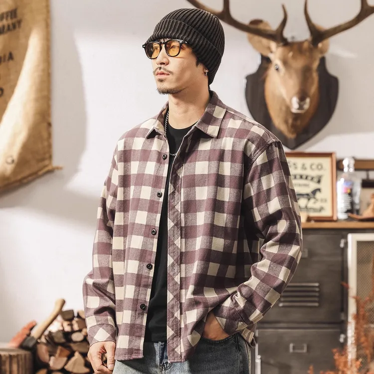 美式复古斜纹莱赛尔格子长袖衬衫男秋季新款宽松潮流紫色衬衣外套
