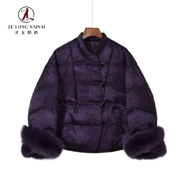 8227流金紫国风提花狐狸毛袖口短款羽绒服女