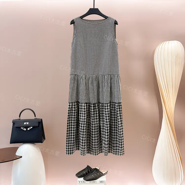 素净 时尚优雅设计感圆领无袖格子显瘦通勤休闲连衣裙LL-6000186