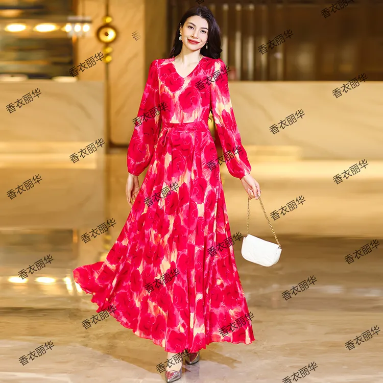 香衣丽华07-315春季新款长袖V领数码印花大摆连衣裙修身显瘦长裙