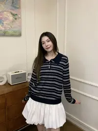高级感POLO领气质休闲针织条纹上衣#37132