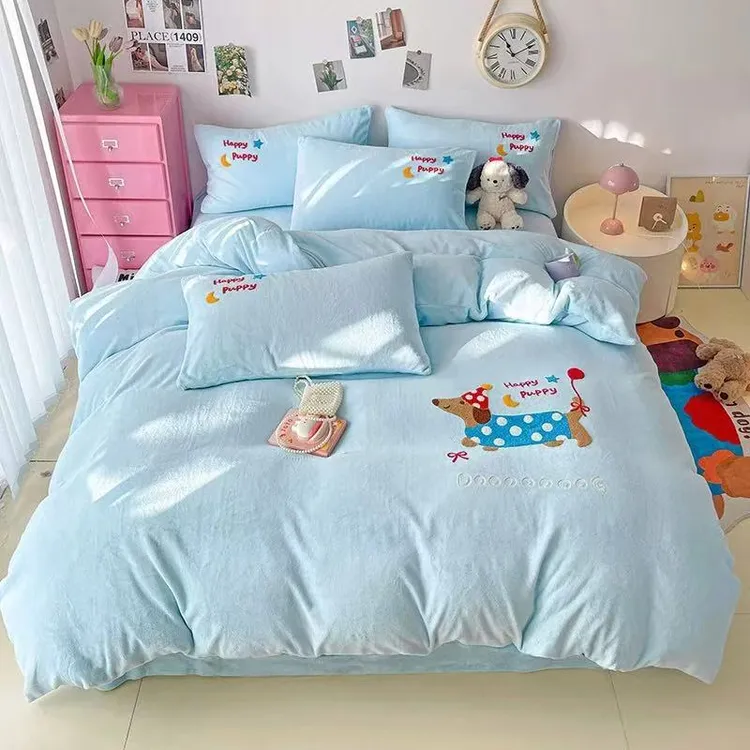 可爱卡通套件韩式牛奶绒床品四件套冬季加绒加厚床品绣花