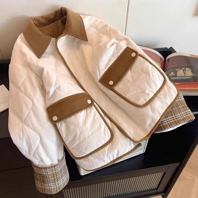 美式复古菱格拼接翻领棉服外套女2025冬设计感chic慵懒风百搭棉衣