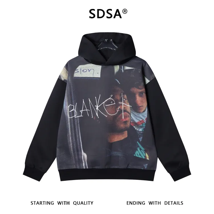 SDSA秋冬新款痞帅男装美式复古街头嘻哈人物印花连帽卫衣潮牌上衣