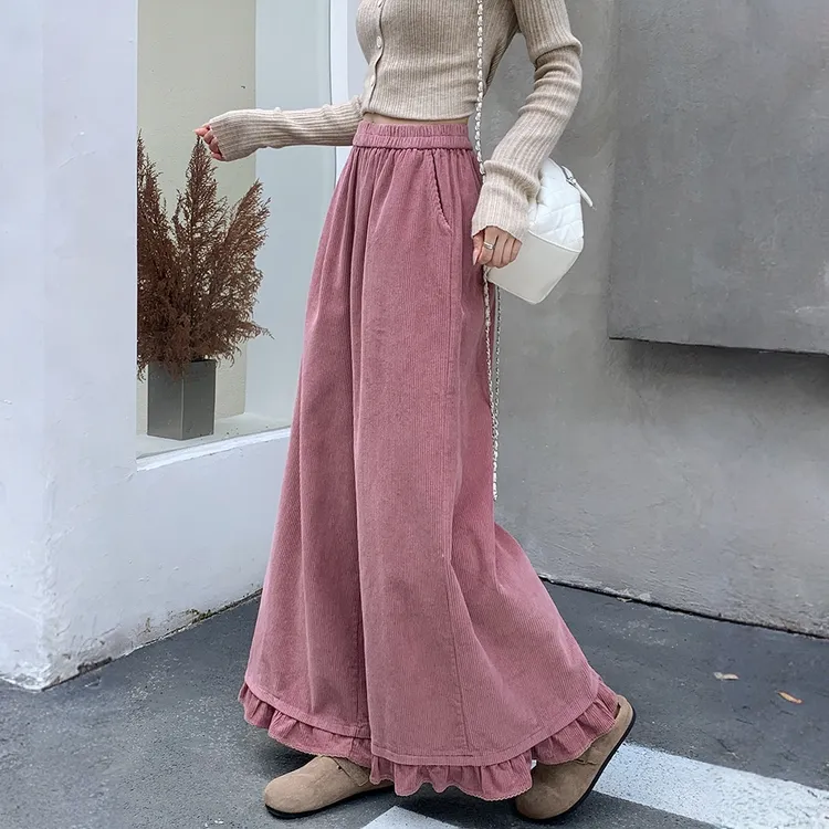 秋季2025新款粉色灯芯绒荷叶边阔腿裤子女高腰垂感宽松显瘦休闲裤