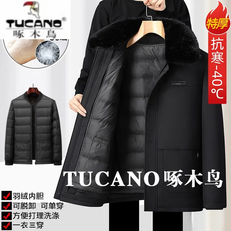 啄木鸟中老年爸爸超厚加绒派克羽绒服男士中长款冬季爷爷毛领外套