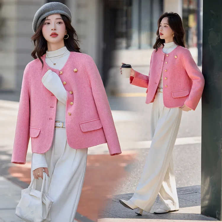 小香风粉色短款毛呢外套女2025秋冬新款超好看圆领双面羊毛呢大衣