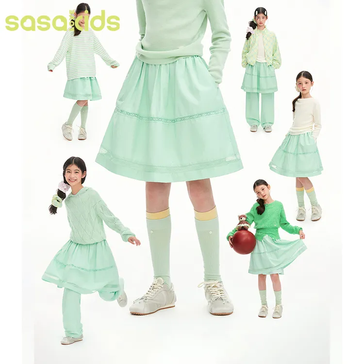 sasakids森系少女精致中长款薄荷曼波色全腰松紧显瘦A字半裙女童