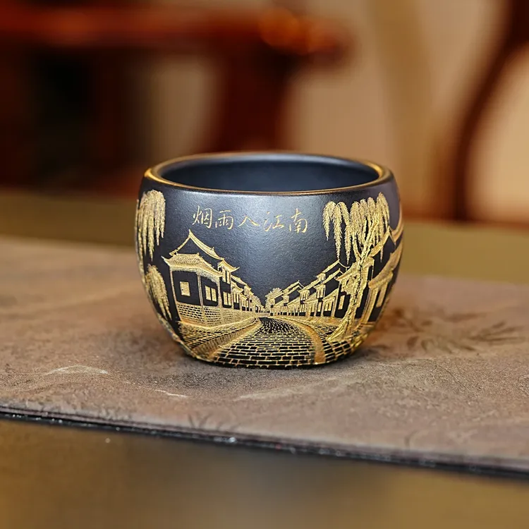 宜兴原矿石黄茶具 全手工刻绘烟雨入江南高端创意紫砂主人杯