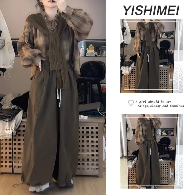秋季美拉德穿搭2025年新款韩系百搭复古格子长袖衬衫休闲裤两件套