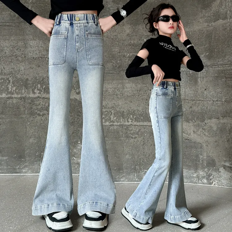 女童春装裤子中大童洋气修身喇叭裤2025新款女孩春秋款弹力牛仔裤