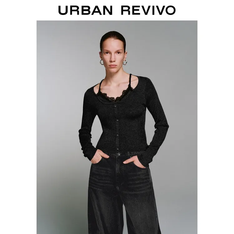 UR2026春季新款女气质魅力拼接蕾丝短款修身针织衫UWJ950116