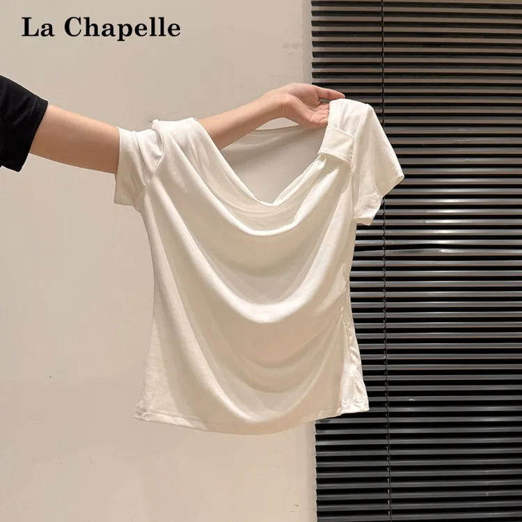 拉夏贝尔韩系白色荡领一字露肩褶皱短袖T恤女夏季宽松温柔小上衣