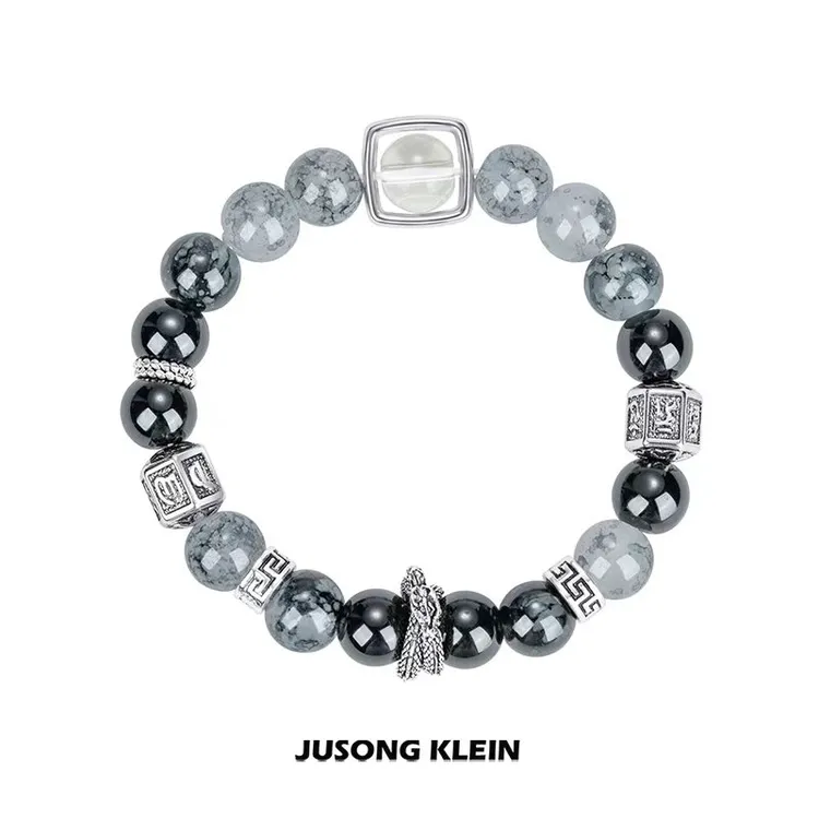 Jusong klein 钛钢玻璃手链 龙脊玄武曜夜手工盘龙琉璃珠黑色男女