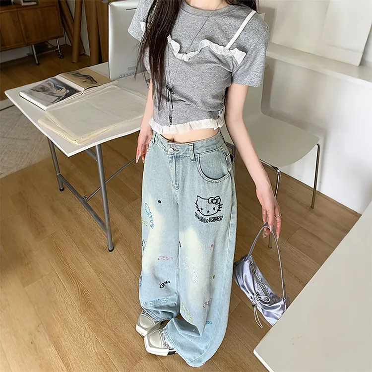 300斤特大码女装高腰阔腿裤牛仔裤蓝色长裤韩版百搭宽松慵懒风斤