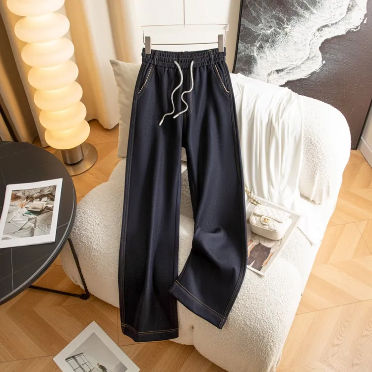 休闲风长裤阔腿裤秋季加绒牛仔裤大码休闲裤高腰垂感