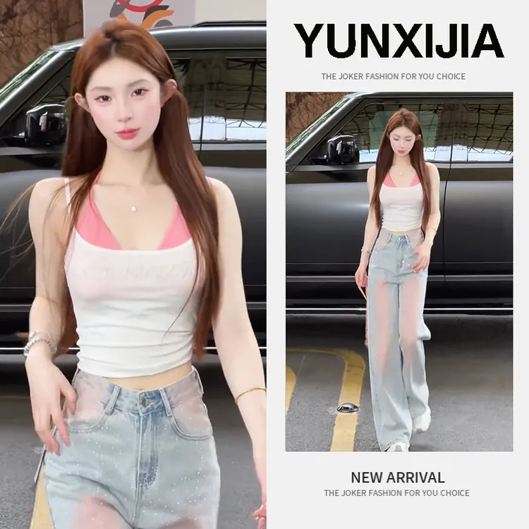 2025夏季新款时尚性感风修身显瘦百搭纯欲风背心吊带牛仔裤两件套
