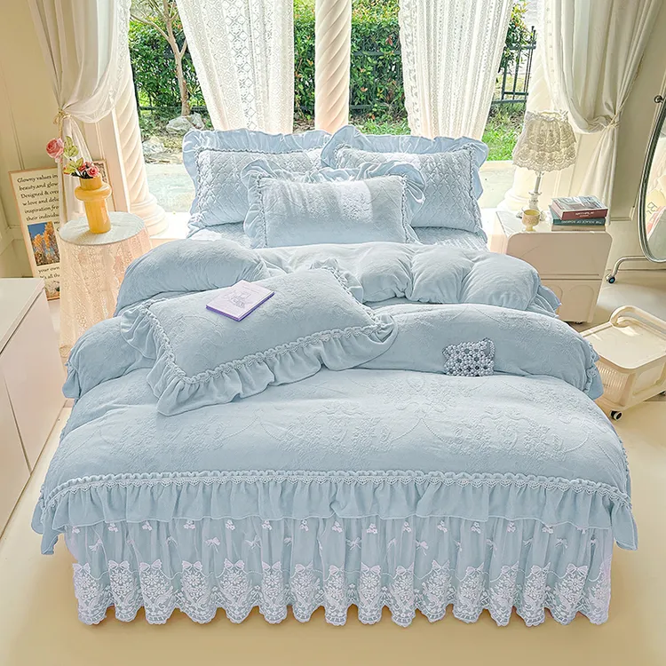 法式公主风雕花牛奶绒四件套床裙款冬季保暖双面加绒被套床罩床品