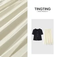 PANG TINGTING“白月光”短袖显瘦气质高腰时尚法式日常套装LWT1175