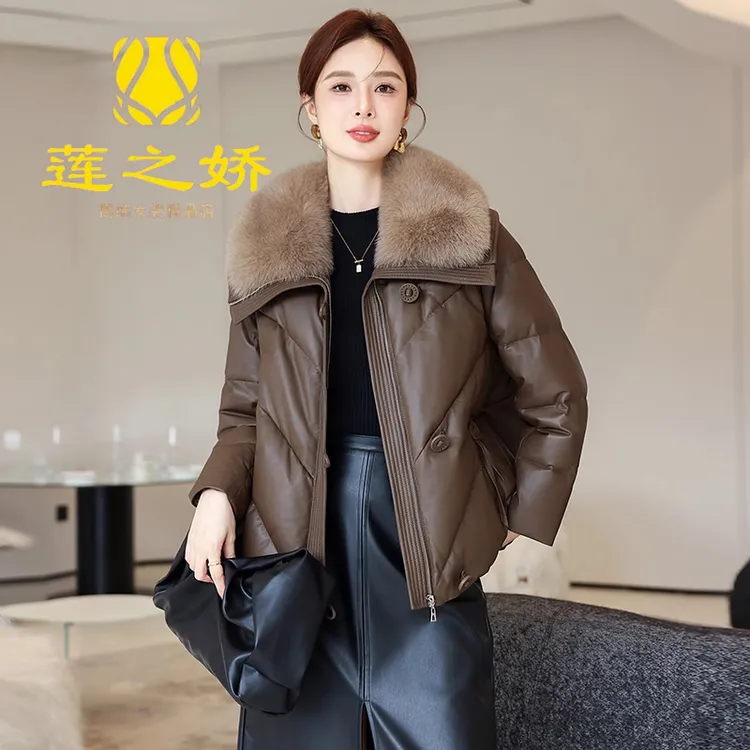 海宁真皮皮衣羽绒服女短款高级感狐狸毛领绵羊皮鸭绒服外套2025新