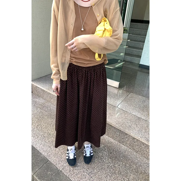 日系复古波点半身裙秋季小个子咖色百搭显瘦伞裙中裙