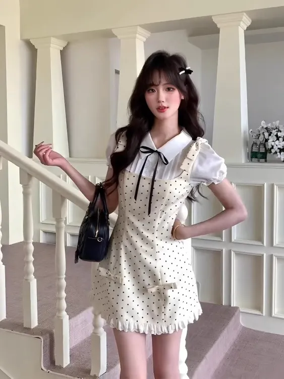 吊带翻领高腰短裙甜美短袖连衣裙收腰气质夏季风法式小众小香风