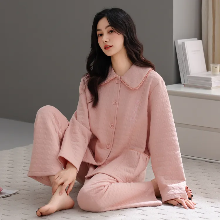 空气棉夹层睡衣女秋冬长袖长裤甜美大码可外穿纯棉保暖家居服套装