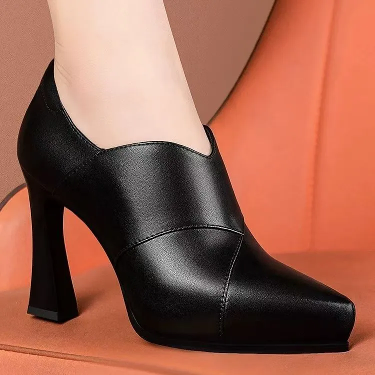 黑色深口尖头粗跟单鞋女百搭软皮四季防水台高跟鞋不累脚女士皮鞋