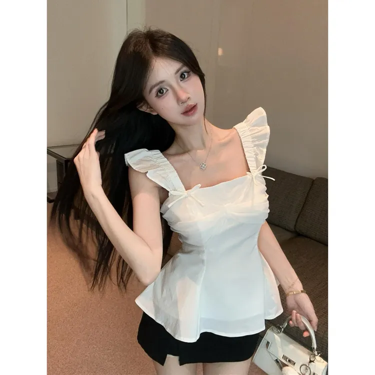 小飞袖蝴蝶结吊带背心女外穿夏季纯欲一字肩鱼骨抹胸上衣独特绝美